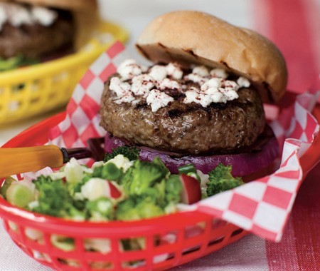 Lamb burgers with grilled red onions and feta