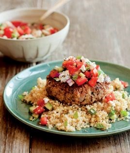 Lamb burgers with mint Greek salad topping