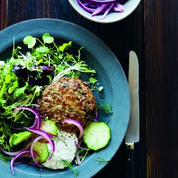 Lamb burgers with pickled onions and herbed yogurt sauce