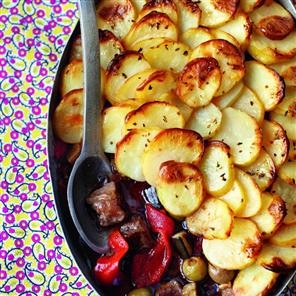 Lamb caponata topped with crispy potatoes