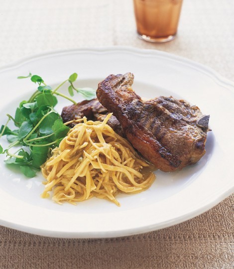 Lamb chops and watercress with celeriac and anchovy salad