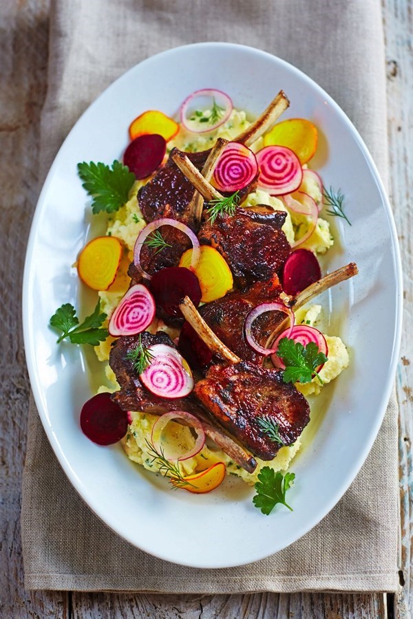 Lamb chops with beetroot salad & chive mash