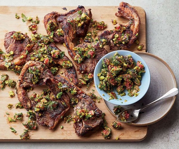 Lamb chops with fig & pistachio salsa
