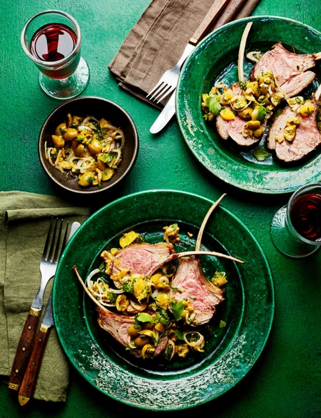 Lamb chops with green olive and orange salsa