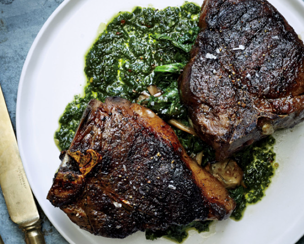 Lamb chops with greens and sorrel salsa verde