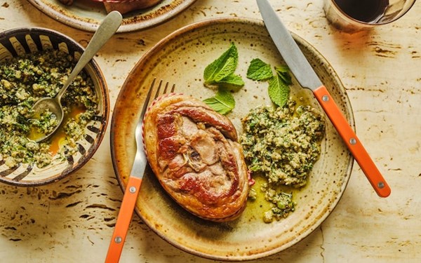 Lamb chops with honey, herb and walnut sauce