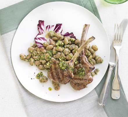 Lamb chops with pesto borlotti beans