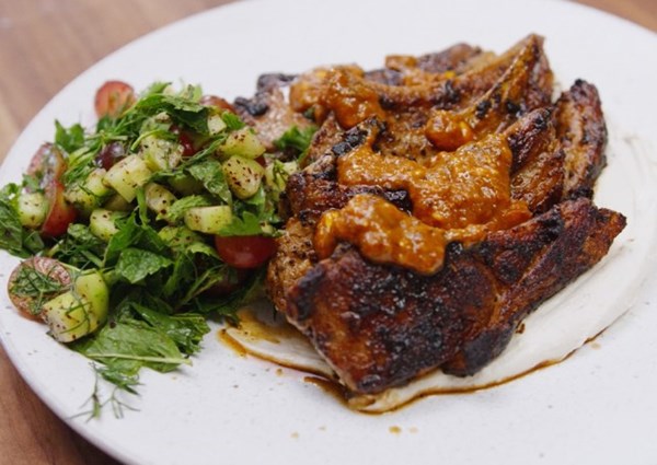 Lamb chops with pilpelchuma butter, tahini yoghurt and herb salad