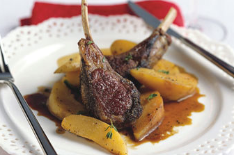 Lamb chops with poached quince and balsamic pan sauce