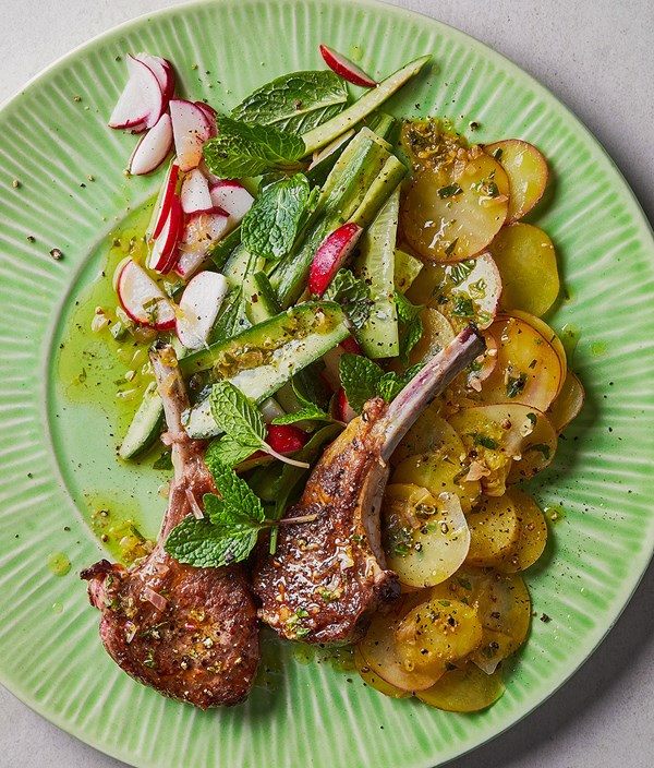 Lamb chops with potatoes and herb-brown butter vinaigrette