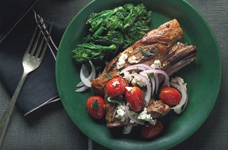 Lamb chops with red onion, grape tomatoes, and feta
