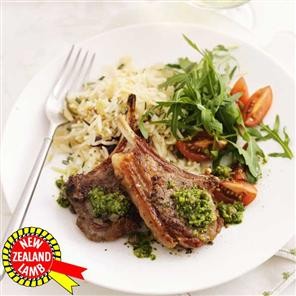 Lamb chops with salsa verde and lemon rice