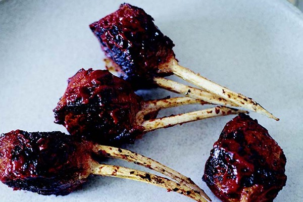Lamb chops with smoked chile glaze and warm fava beans