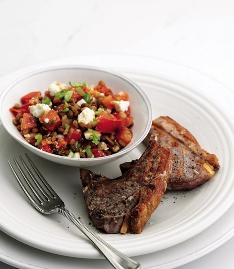Lamb chops with warm lentils and feta