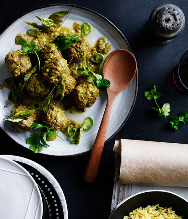 Lamb curry kofte with ginger pilaf and curry-leaf oil