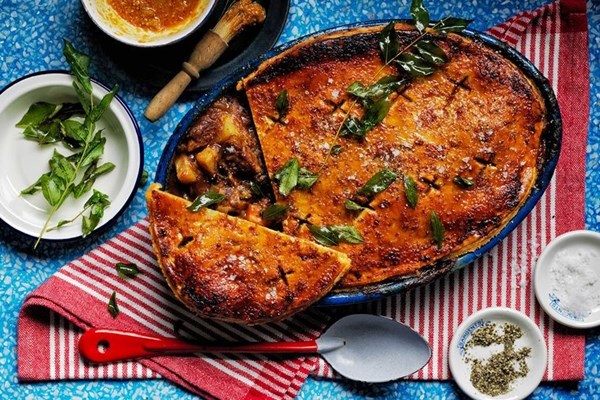 Lamb curry pie with lime pickle glaze
