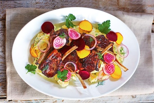 Lamb cutlets with beetroot salad and chive mash
