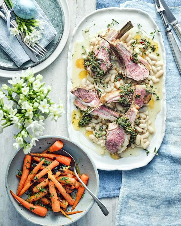 Lamb cutlets with cannellini beans, balsamic-roasted carrots and salmoriglio