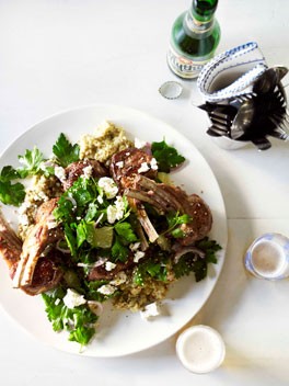 Lamb cutlets with eggplant purée and parsley and lemon salad