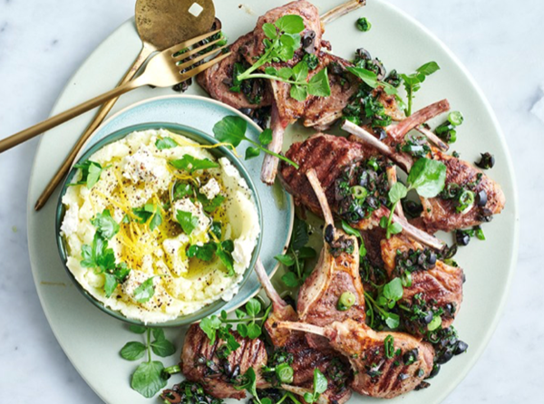 Lamb cutlets with feta skordalia and crushed olives