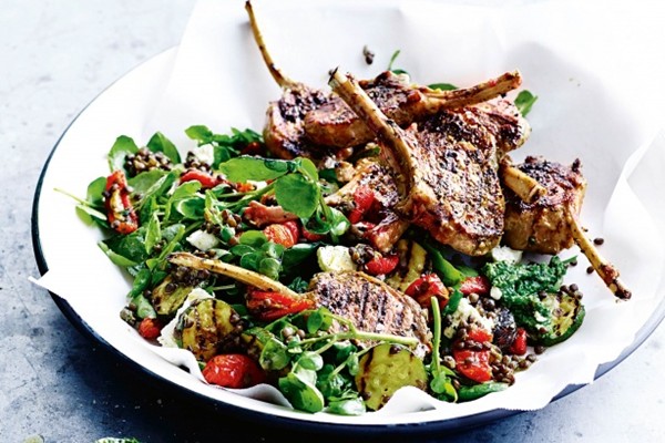Lamb cutlets with lentil salad and mint pesto