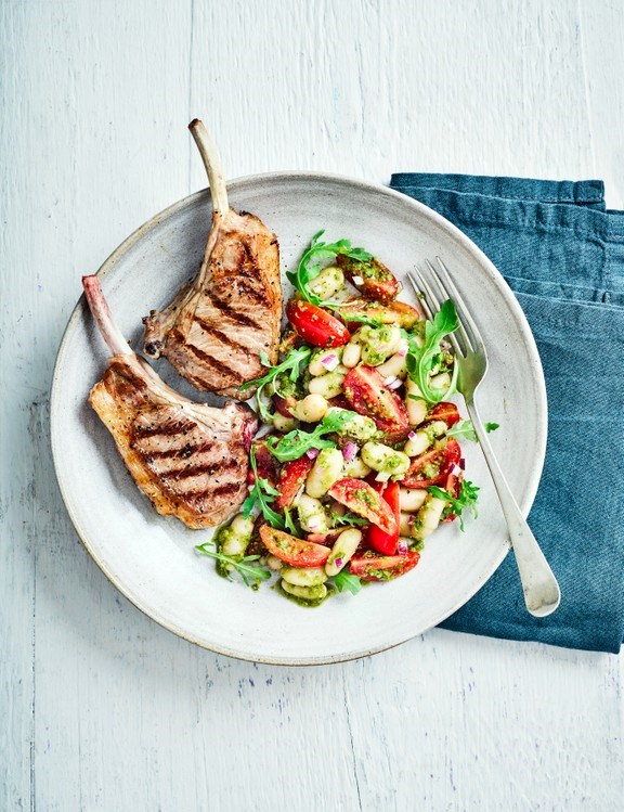 Lamb cutlets with pesto and beans