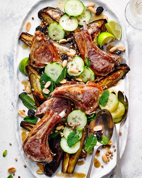 Lamb cutlets with roasted aubergine, peanuts & mint