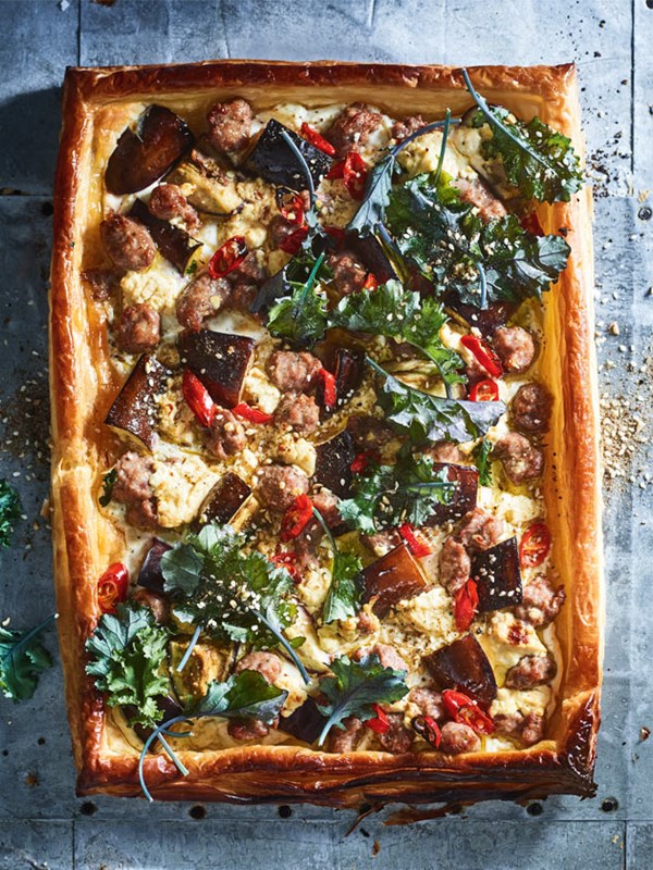 Lamb, eggplant and kale tart