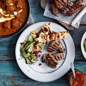 Lamb fillet with cucumber and kalonji pickle salad and naan bread strips