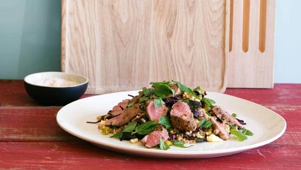 Lamb fillet with farro, red chard and feta pilaf