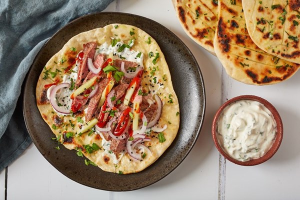  Lamb flatbreads with pickled cucumber and elderflower yoghurt