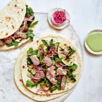Lamb flatbreads with spicy cashew dressing