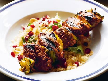 Lamb, harissa and courgette kebabs with jewelled couscous 