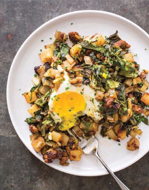 Lamb hash with Swiss chard, potatoes, and poached eggs