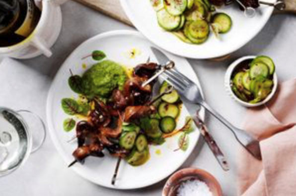 Lamb heart skewers with sorrel and horseradish