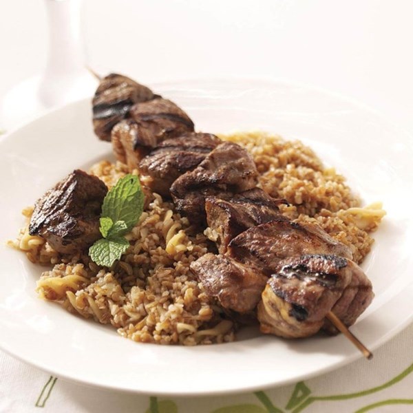 Lamb kabobs with bulgur pilaf