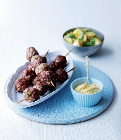 Lamb kebabs with Dijonnaise potatoes