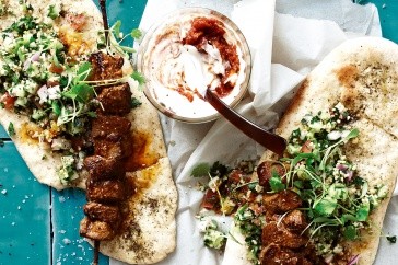 Lamb kebabs with kisir and harissa yogurt dip