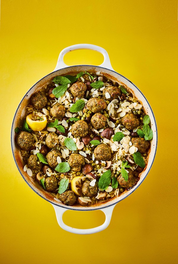 Lamb keema meatballs, lemon rice, peas & mint