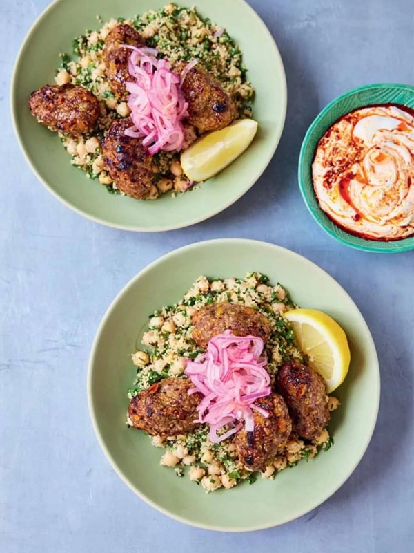 Lamb kofta with herby couscous, chickpeas & quick-pickled red onions