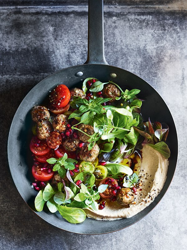 Lamb kofta with pomegranate and tomato salad