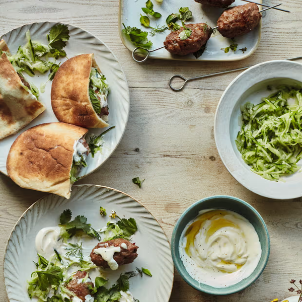 Lamb kofta with yoghurt dressing and herby cucumber salad