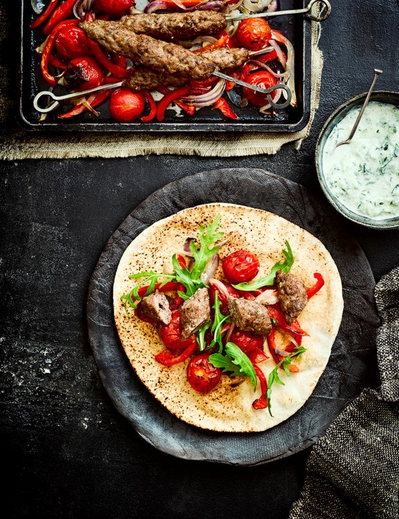 Lamb koftas with roasted peppers and raita
