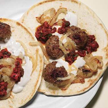 Lamb köfte with yogurt sauce and muhammara