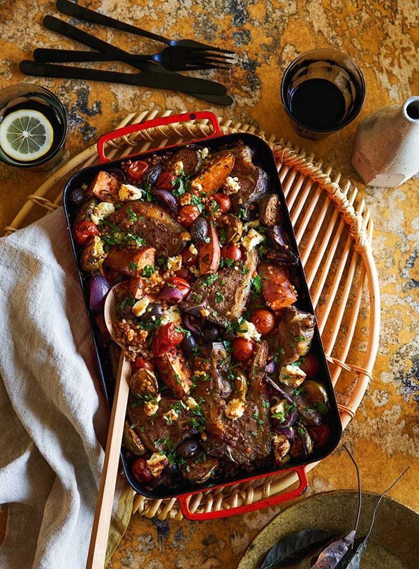 Lamb, kumara & Israeli couscous tray bake