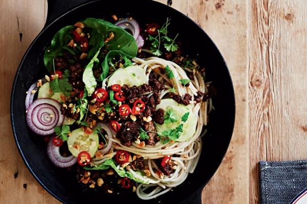 Lamb larb spaghetti