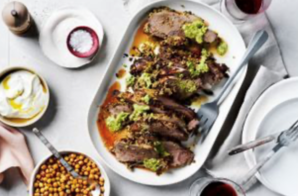 Lamb leg marinated in yoghurt and pecans with crispy chickpeas