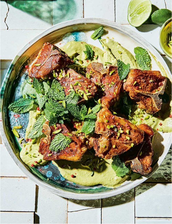 Lamb loin chops over minty pistachio butter