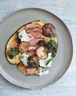 Lamb loin, crispy kale, aubergine, shiitake, mint, yogurt and sumac