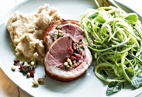 Lamb loin roast on white bean mash with zucchini salad